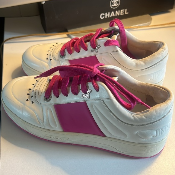 🛑 1 hour sale. Jimmy Choo, size 38 EU Hawaii Leather Strip Pink/ White Athletic - Picture 2 of 16